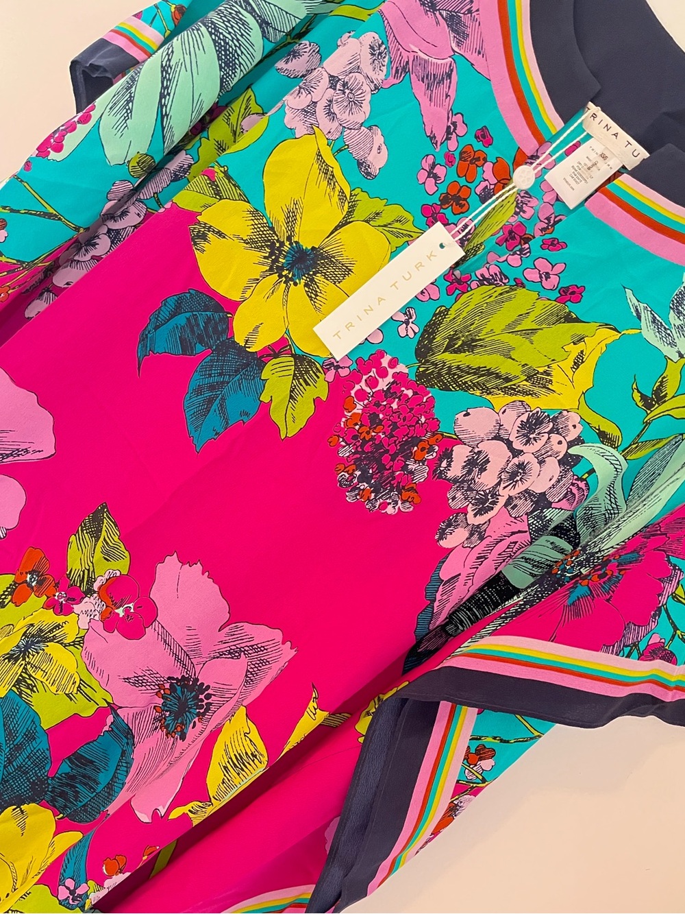 Trina Turk “Theodora” Bright Fuchsia & Turquoise Floral V-Neck Swim Coverup - Picture 7 of 16